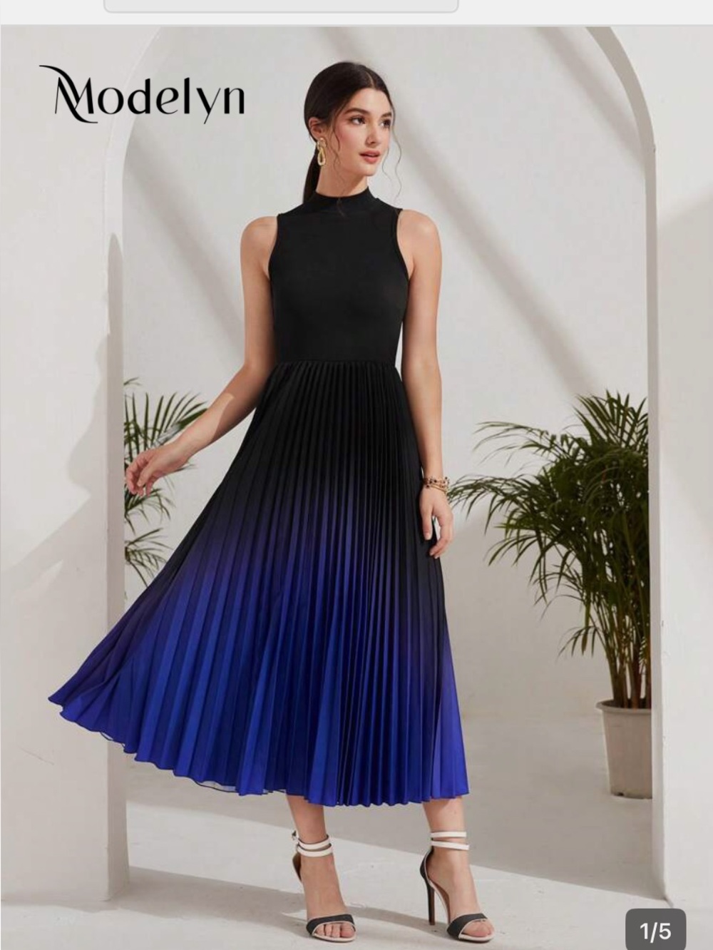 Black to Blue Ombre Pleated Midi Dress